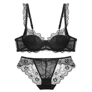 French style black floral lace lingerie set with breathable bra and matching panties