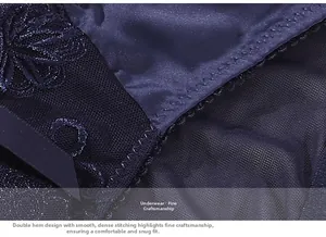 Detail of blue lace panties showing double-lock stitching and breathable mesh fabric