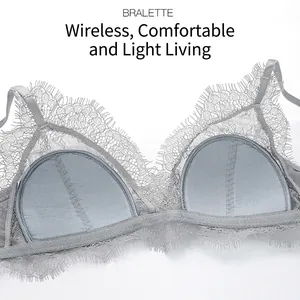 Sexy grey eyelash lace bralette set with wireless triangle cups and soft padded support