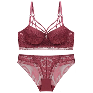 Lace lingerie set in burgundy with deep V-neck, underwired bra and matching panty set