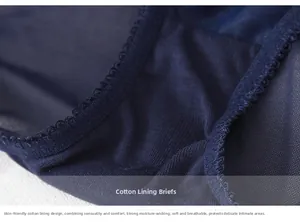 Macro detail of breathable cotton crotch lining and navy blue lace mesh fabric on panties