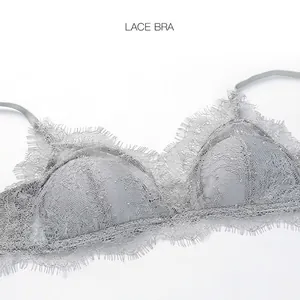 Elegant light gray eyelash lace triangle cup bra with delicate embroidery and fine mesh
