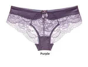 Detail of purple lace underwear featuring a small satin bow and floral embroidery