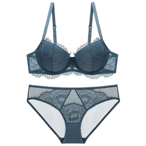 Elegant misty blue lace lingerie set with floral eyelash lace bra and matching panties