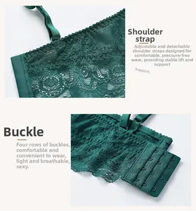 Détail d'un soutien-gorge en dentelle verte montrant les bretelles et l'attache à quatre rangs