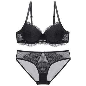 Elegant black eyelash lace lingerie set with push-up bra and matching sheer mesh panty