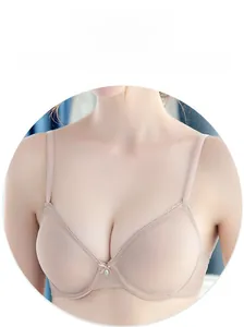 Detail of half cup beige mesh bra featuring sheer breathable fabric and lace trim