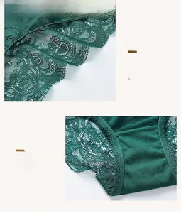 Détail de la bordure en dentelle vert foncé et coutures précises sur sous-vêtements en mesh