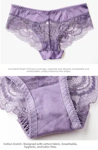Detailed view of purple floral lace back and breathable cotton crotch on lace panties