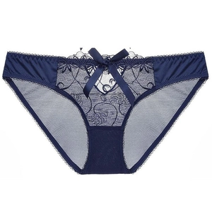 Women Sexy Lace Mesh Panties Low Waist Floral Embroidery Transparent Hollow Out Breathable Bow Decor Triangle Briefs