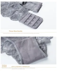 Detail of grey lace lingerie with three-row hook closure and soft cotton crotch lining