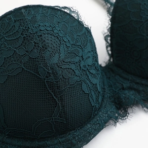 Lace bra set in dark green with floral embroidery and delicate eyelash trim detailing