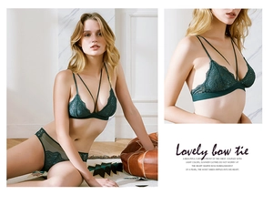 Detail view of dark green lace lingerie set with strappy triangle cups and mesh panty