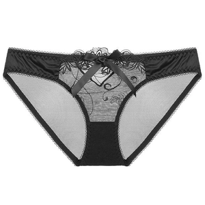 Sexy black lace mesh panties with floral embroidery and satin bow detail for women