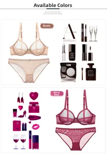 Detail view of ultra-thin lace lingerie sets in beige and wine red with mesh fabric