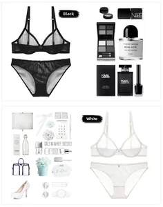 Lace lingerie set with sheer mesh bra and matching panties in black and white styles