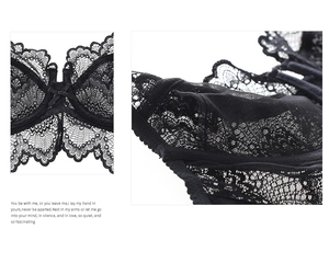 Détail macro du soutien-gorge en dentelle noire avec motifs floraux et noeud au centre