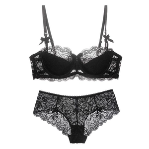 Sexy black lace lingerie set with underwire bra and matching panties on white background