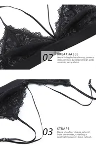 Detail view showing the breathable inner mesh lining and adjustable thin straps of the lace bra