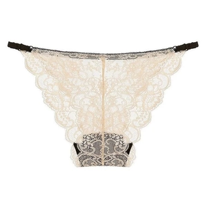 Elegant floral lace panties in light beige with black elastic waistband on white background