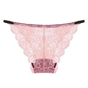 Pink floral lace panties with contrast crotch detail and adjustable black side straps