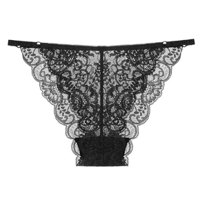 Elegant black lace semi-transparent brief with floral patterns and adjustable side straps