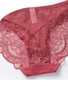 Close-up of deep red floral lace and mesh fabric with delicate scalloped edges