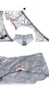 Detailansicht grauer Spitzenunterwäsche mit rosa Satinschleife und feiner Netzstruktur