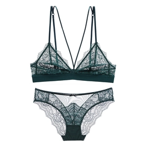 French Sexy Ultra Thin Lace Bra And Panties Set Wire Free Hollow Floral Lingerie Top And Bottom For Women