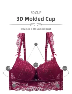 Detailed view of wine red lace bra with 3D molded cups and push-up support technology