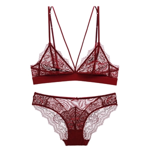French style wine red lace lingerie set with wireless triangle cup bra and panty