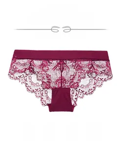 Detailed view of burgundy lace underwear featuring floral patterns and a cute bow accent