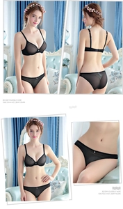 Detailed views of black mesh lingerie set with steel wire support and heart charms