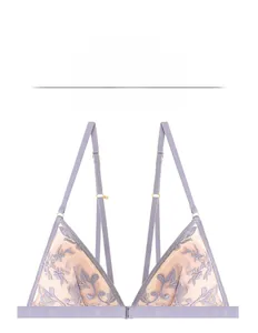 Detailed French cup lace embroidery on lavender wire-free bra with delicate floral patterns