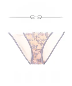 Detailed view of women's lavender floral lace underwear with soft breathable fabric