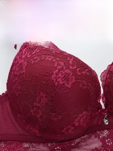Macro shot of wine red lace bra featuring floral patterns and a crystal droplet pendant