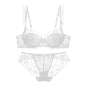 Detailed close-up of white floral lace lingerie set featuring bra and matching panties