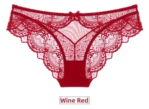 Detail of wine red sheer lace panties with a delicate bow and floral mesh pattern