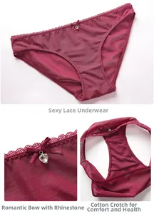 Detail of wine red lace mesh panties with heart pendant and soft cotton lining