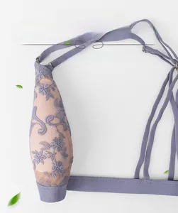 Detail of light purple lace bra showing its flexible, non-deforming wire-free structure