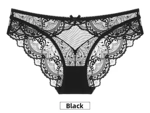 Detailed view of black floral lace mesh panties with a small delicate center bow