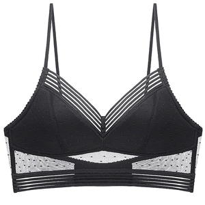 Schwarzes französisches Spitzen-Bralette mit Punktestruktur und Riemchendetail am Rücken