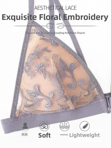 Detailed view of purple lace embroidery triangle bra with soft skin-friendly fabric