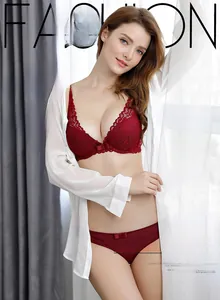 Detailed view of red lace ultra-thin deep V-neck bra and matching panties with floral embroidery