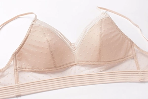 Nahaufnahme von beigefarbenem Spitzen-Bralette mit atmungsaktivem Netz und Punkten