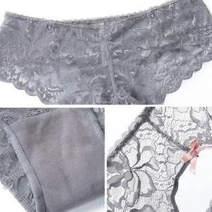 Graue transparente Spitzenunterwäsche für Damen mit niedriger Taille und rosa Schleife