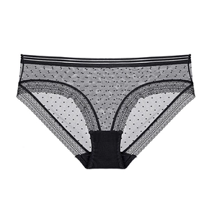 Détail de culotte en mesh noir à pois avec bordure en dentelle et gousset en coton pur