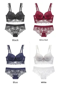 Lace bra set in black wine red blue and white with intricate floral embroidery