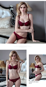 Détails d'un ensemble lingerie en dentelle bordeaux avec soutien-gorge à fermoir avant
