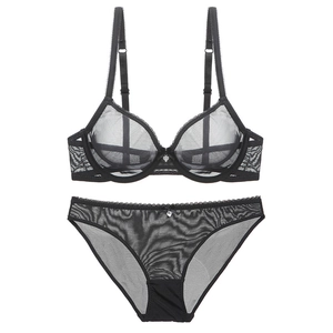 Women Sexy Ultra Thin Transparent Mesh Bra And Panty Gathering Breathable Lace Lingerie With Heart Pendant